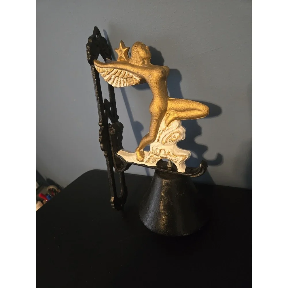 Vintage‎ Cast Iron Bell Winged Fairy Siren Goddess on Waves Clouds Wall Mount